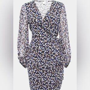 Diane Von Furstenberg Blue and Brown Long Sleeve Wrap Dress